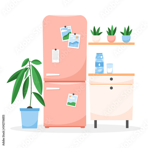 Modern kitchen interior with furniture, refrigerator and plants in pots. Flat vector illustration isolated on white background.
