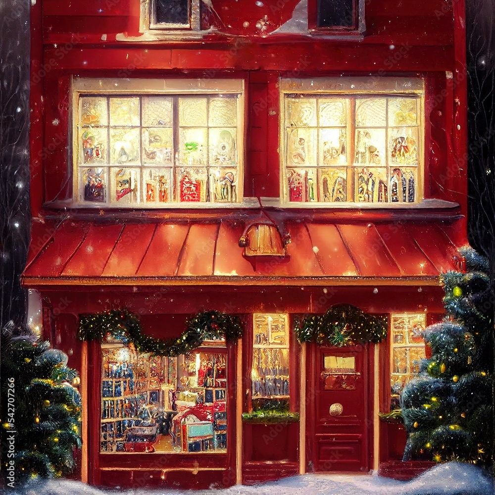 Christmas red shop with Snow in vintage style. Winter Village Landscape. Christmas Holidays. Christmas Card. 3d illustration