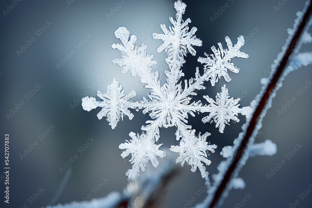 photo real snowflakes during a snowfall, under natural conditions at low temperature. Macro zoom photo.