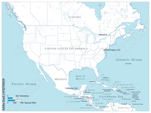 Colorful map of the United States of American, Central America, and parts of Canada.