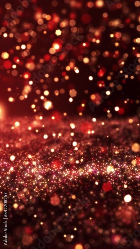 VERTICAL VIDEO, Red glow particle background, Christmas xmas valentine, Red glitter bokeh vintage lights ray beam.