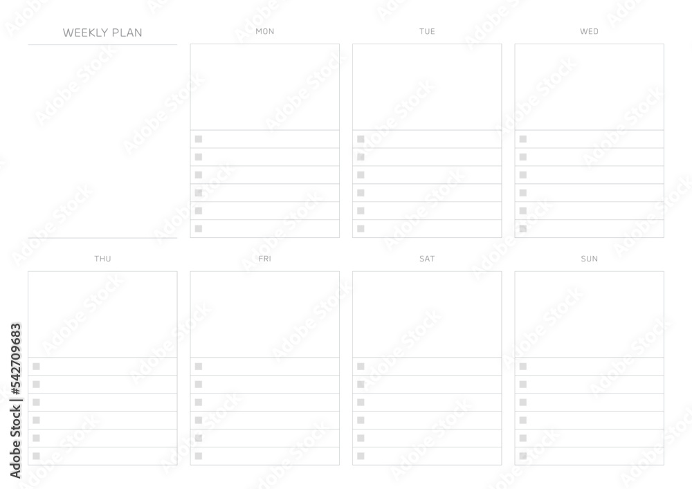A weekly plan design template in a modern, simple, and minimalist style. Note, scheduler, diary, calendar, planner document template illustration. A weekly plan design template in a modern, simple, and minimalist style. Note, scheduler, diary, calendar, planner document template illustration.