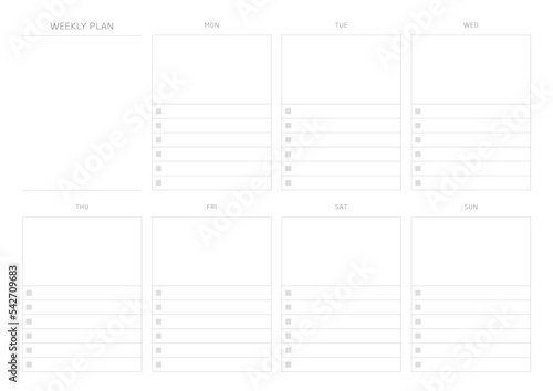 A weekly plan design template in a modern, simple, and minimalist style. Note, scheduler, diary, calendar, planner document template illustration.