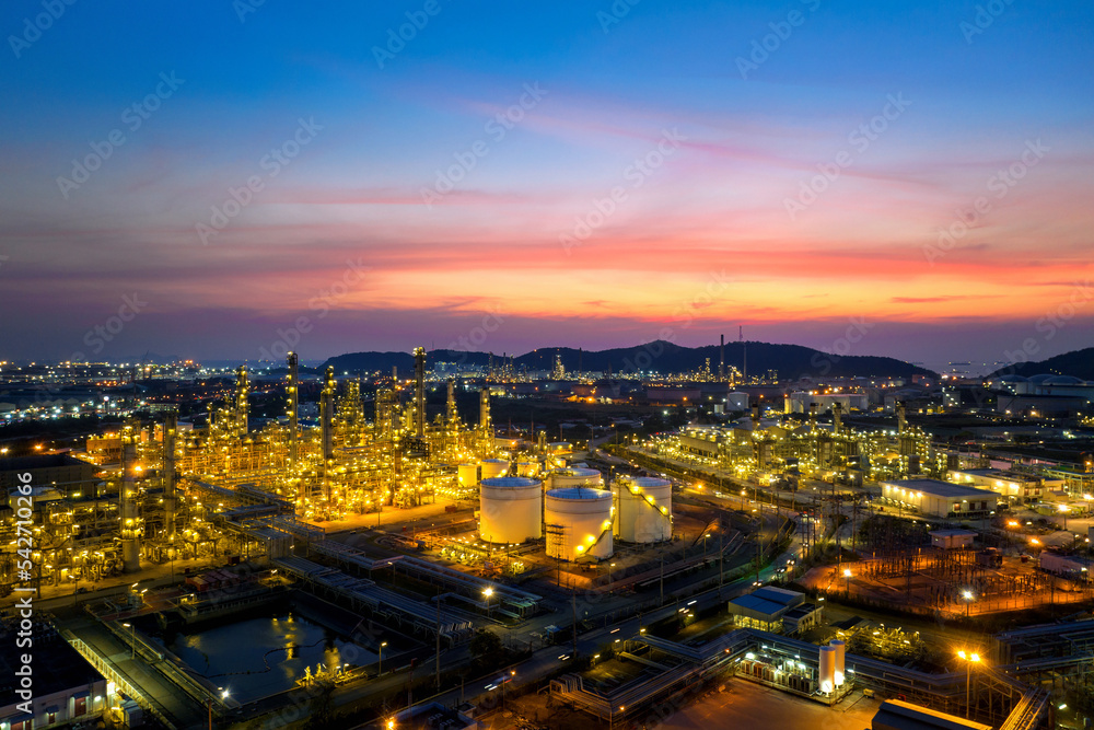 Aerial view of Oil refinery, Oil Industry at sunset.