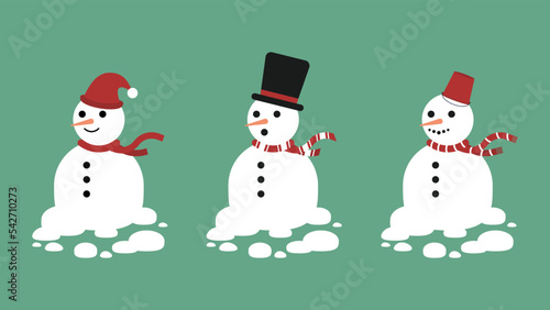 A collection of snowman with hat ,  winter cute christmas snowmen , flat vector illustration. 