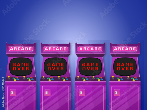 Hall of arcade machines on a blue background