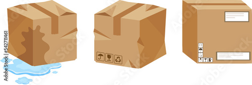 Damaged wet 3d boxes, PNG broken cardboard boxes, correctly delivered whole package, flat cardboard boxes, cargo packaging.