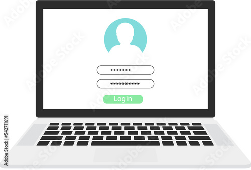 Laptop with login page form on screen. Png illustration. Flat style laptop