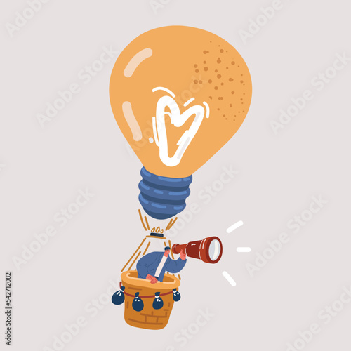 Vector illustration of man fly on light bulb like on air ballon. Creative concept of business idea, solution, innovation, or inspiration