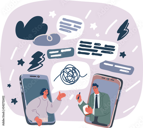 Vector illustraiton of woman talking with a professional psychologist online using his smartphone, online therapy concept