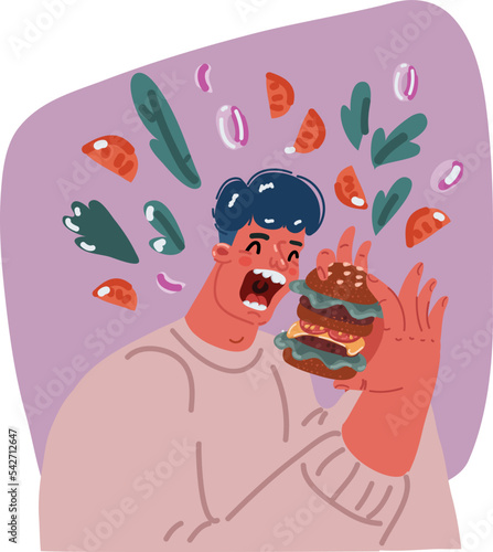 Vector illustraiton of man eating Burger. Very hungry man