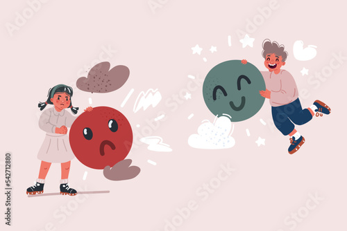 Vector illustraiton of of kids emotions. Facial expression. Cartoon boy avatar. Happy and unhappy girl with emoji in her hands