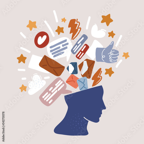 Vector illustraiton of head with chat bubble brain of social media app and explotion inside with information