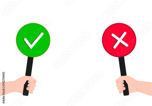 The human hand is holding a tablet. Red and green banner with a cross and a check mark. Yes and no. Answering a poll, expressing an opinion. Choice by vote. Vector illustration