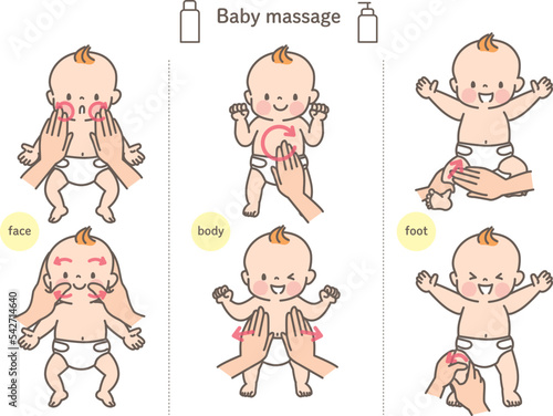 ベビーマッサージをされている笑顔の赤ちゃんのイラスト素材セット
