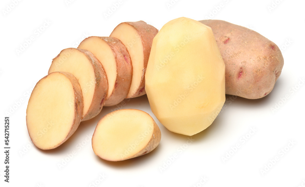potatoes close-up, raw and sliced, objects are isolated on a white background