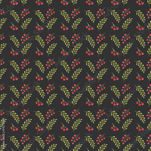 pattern of red berries and green leaves dark background