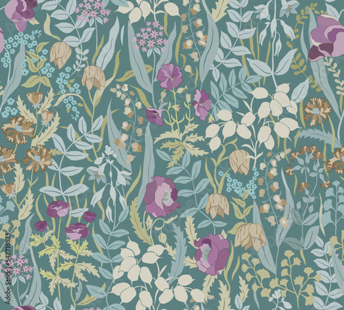 Wildflowers on blue background seamless pattern. Vector illustration.