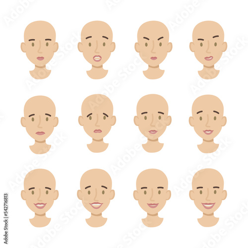 Set girls faces flat. Different emotions woman joy fun sadness anger. Head without hair. Hand drawn vector illustration.