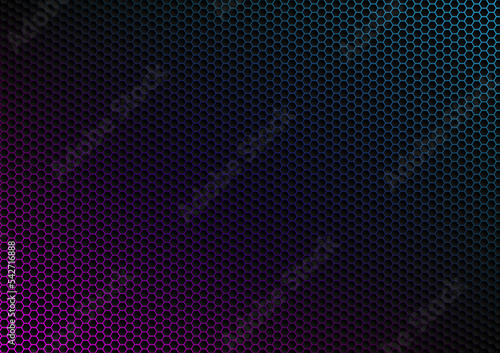 Dark hexagon abstract technology background with blue and pink colored under hexagon. Hive wallpaper or texture vector. 