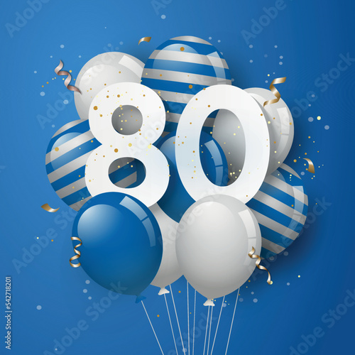 Happy 80th birthday with blue balloons greeting card background. 80 years anniversary. 80th celebrating with confetti. Vector stock