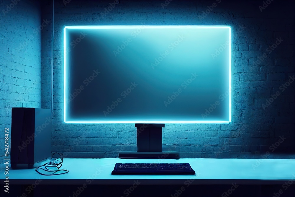 Computer Gaming Pc On Video Gaming Desk In Dark Room With Neon Light  Futuristic Modern Workplace Of Internet Blogger Streamer Or Computer Gamer  Monitor Transparent Computer Chair Ring Light Stock Illustration 