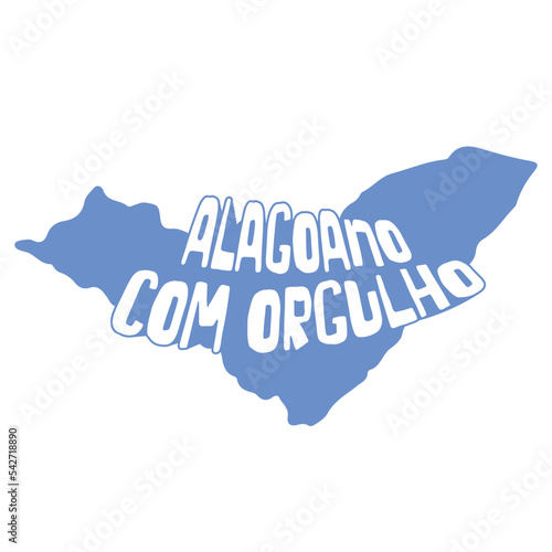 Mapa do estado brasileiro de Alagoas, localizado no nordeste do Brasil. Cores da Bandeira de Alagoas e Lettering estilizado 3d em vetor remetendo ao orgulho do alagoano. 