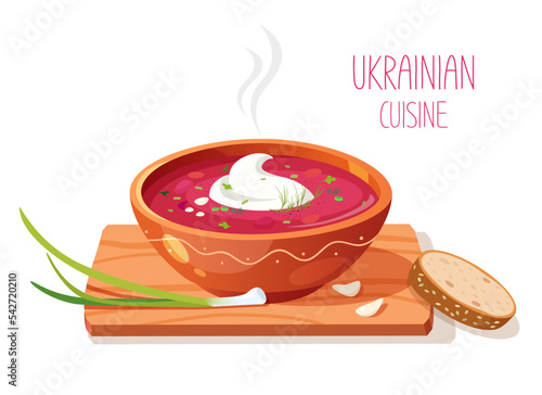 A plate of hot borsch with sour cream, onion, garlic, and slice of rye bread.
Ukrainian traditional cuisine. 
Vector illustration isolated on white background