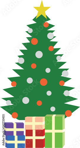 Arbol de navidad decorado con esferas y regalos en el piso