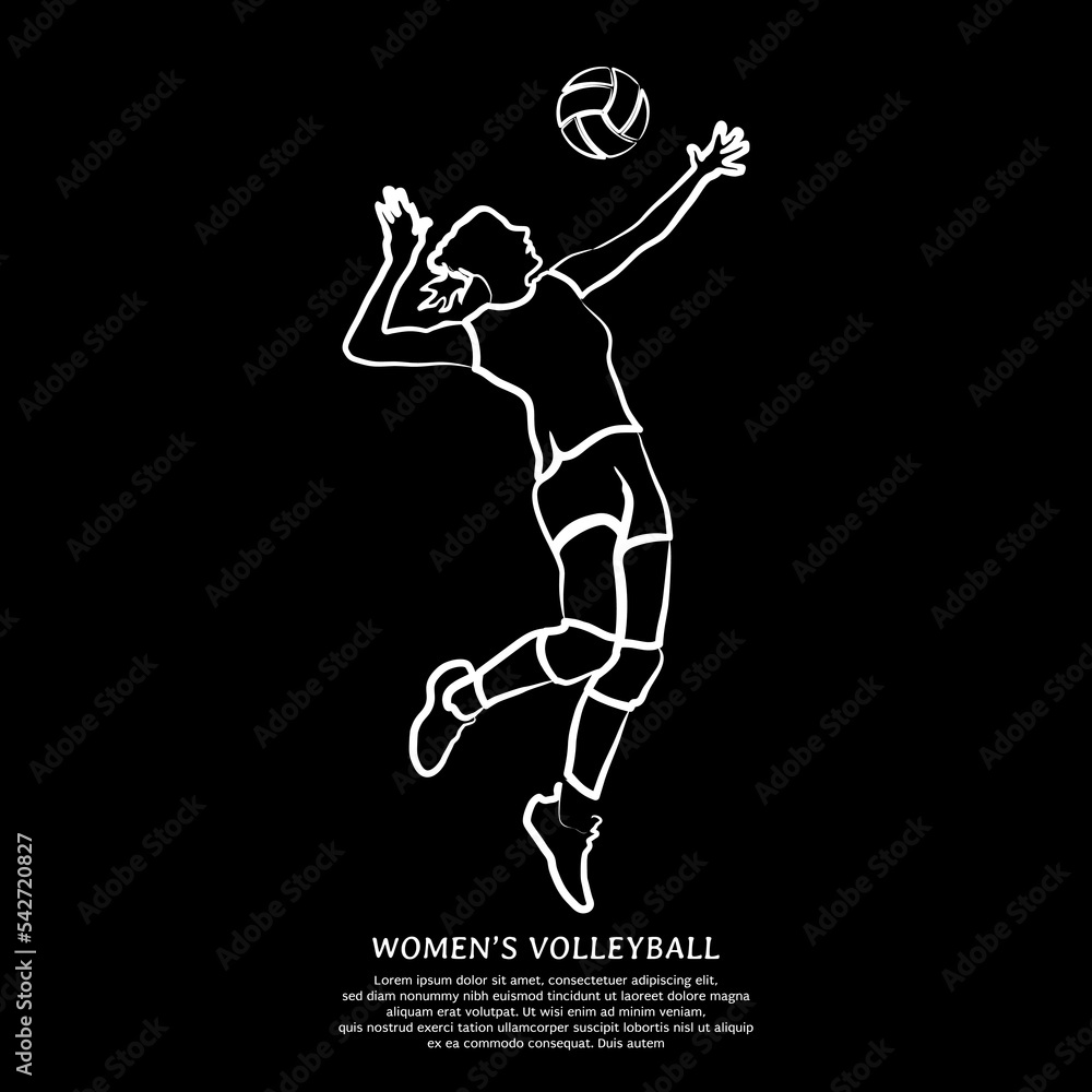 Line drawing of girl volleyball player isolated on black background ...