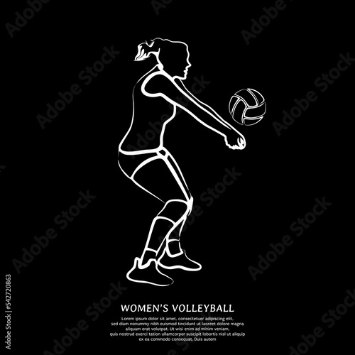 White line art of female volleyball player isolated on black background. Vector illustration