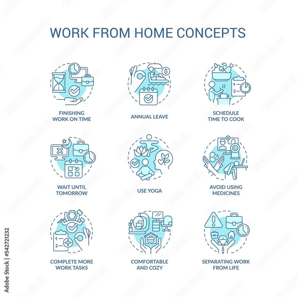 Work from home tips turquoise concept icons set. Burnout prevention. Remote workplace idea thin line color illustrations. Isolated symbols. Editable stroke. Roboto-Medium, Myriad Pro-Bold fonts used