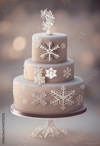 Festive Christmas wedding cake, snowflakes decoration in 3D style 