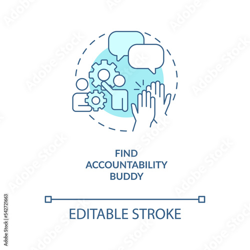 Find accountability buddy turquoise concept icon. Virtual coworking. Home work tip abstract idea thin line illustration. Isolated outline drawing. Editable stroke. Arial, Myriad Pro-Bold fonts used