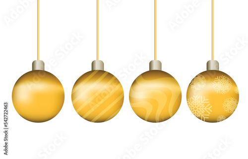 Christmas golden balls hanging. isolated on a white background. Decorated with a patterns. new year party and christmas festival illustration vector concept