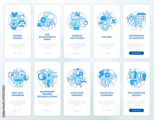Remote worker mental health blue onboarding mobile app screen set. Walkthrough 5 steps editable graphic instructions with linear concepts. UI, UX, GUI template. Myriad Pro-Bold, Regular fonts used