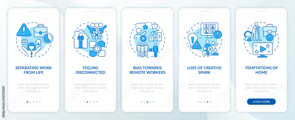 Work from home drawbacks blue onboarding mobile app screen. Remote job walkthrough 5 steps editable graphic instructions with linear concepts. UI, UX, GUI template. Myriad Pro-Bold, Regular fonts used Work from home drawbacks blue onboarding mobile app screen. Remote job walkthrough 5 steps editable graphic instructions with linear concepts. UI, UX, GUI template. Myriad Pro-Bold, Regular fonts used