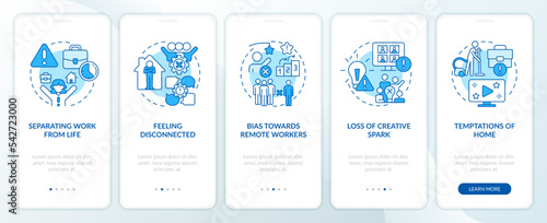Work from home drawbacks blue onboarding mobile app screen. Remote job walkthrough 5 steps editable graphic instructions with linear concepts. UI, UX, GUI template. Myriad Pro-Bold, Regular fonts used