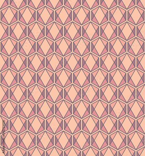Seamless pattern design with geometric hexagon shaped mosaic tiles in pink, neutral tones and with a beige background