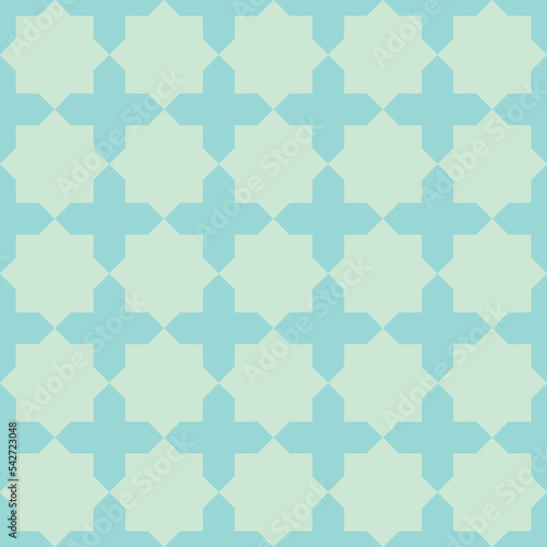Seamless pattern design with star-shaped geometric shapes arranged in lines like a mosaic in blue