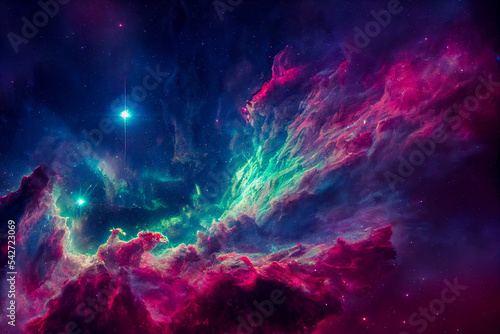 Glowing huge nebula with young stars. Space background. Stars of a planet and galaxy in a free space. Incredibly beautiful galaxy in outer space. 3D rendering © waichi2013th