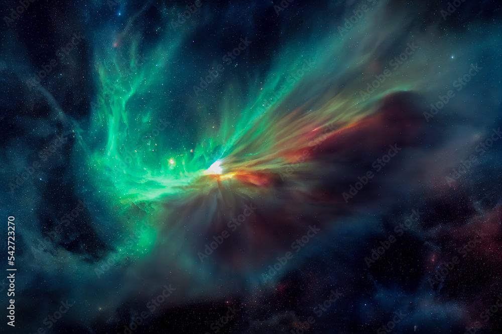 Glowing huge nebula with young stars. Space background. Stars of a planet and galaxy in a free space. Incredibly beautiful galaxy in outer space. 3D rendering