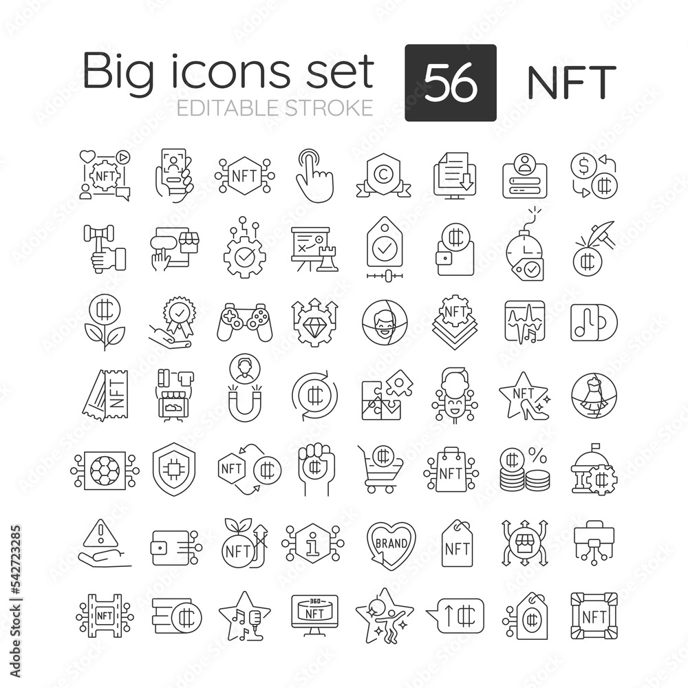 NFT RGB linear icons set. Blockchain technology. Collectible virtual artefacts. Customizable thin line symbols. Isolated vector outline illustrations. Editable stroke. Quicksand-Light font used NFT RGB linear icons set. Blockchain technology. Collectible virtual artefacts. Customizable thin line symbols. Isolated vector outline illustrations. Editable stroke. Quicksand-Light font used