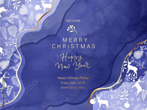 Winter blue watercolor background, frame, gift card. Hand drawn  pine branches, leaves, botanicals. Christmas, New Year mood design. Holiday greeting card, banner composition.
