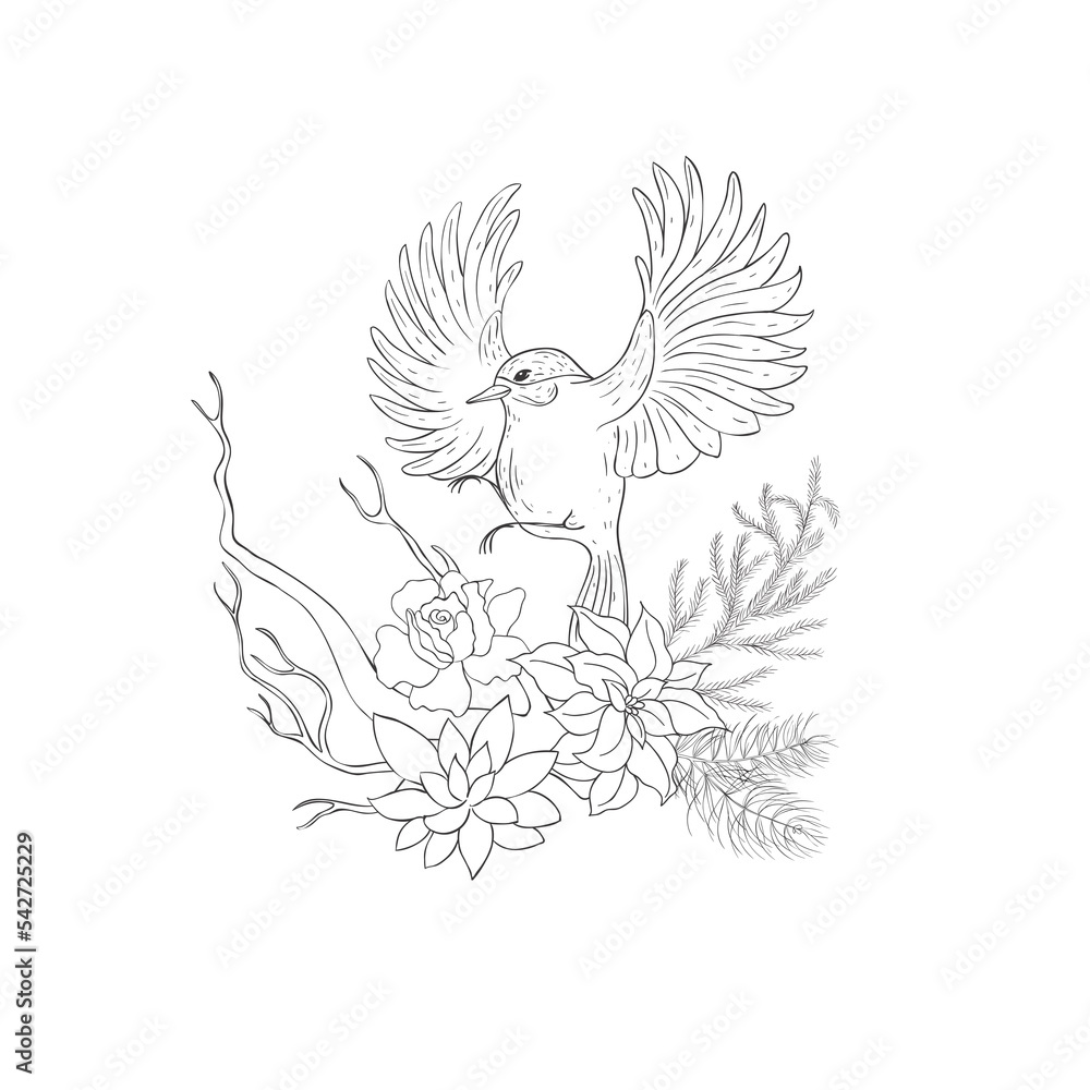 Bird with Winter Bouquet. Vector Illustration. Bird with Winter Bouquet. Vector Illustration.