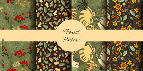 Collection of seamless autumn forest patterns. Leaves, berries, blades and flowers for printing on fabric, paper and tiles. Original atmospheric prints to create designs.