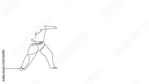 Self drawing animation of young wushu master man. Continuous line drawing of kung fu warrior in kimono with long staff on training. Martial art sport contest concept. photo