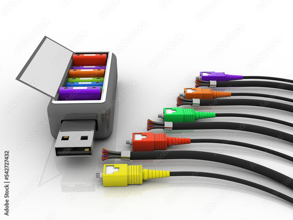 3d rendering office document Binder in pen drive connected aux cable
