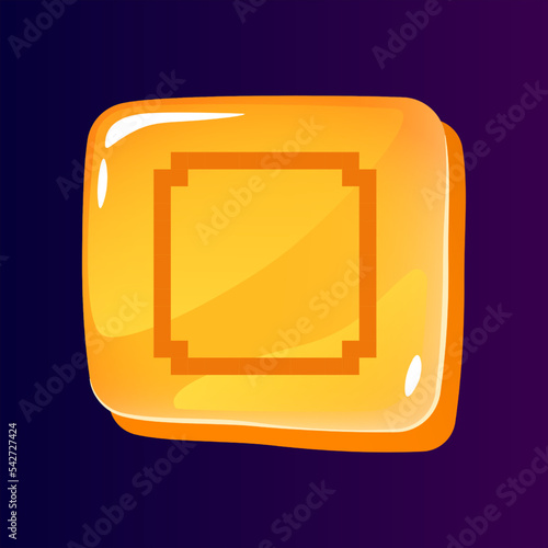 Full stop glossy ui button with pixelated icon. Technology. Editable 8bit graphic element on shiny square shape. Isolated vector user interface image for web, mobile. Retro style game design