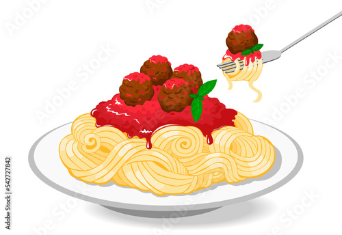 Plate of spaghetti or tagliatelle with meatballs and tomato sauce, pasta at fork. Classic italian pasta dish, vector illustration.